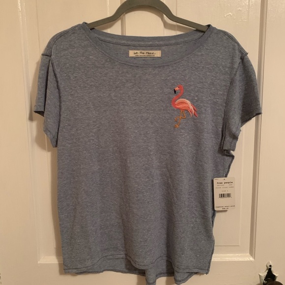 Free People Distressed Tee w Embroidered Flamingo - Picture 5 of 13